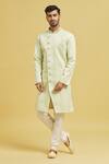 Shop_Aryavir Malhotra_Green Sherwani Jaquard Chikankari Lucknawi Embroidered Jaal With Churidar _Online_at_Aza_Fashions