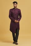 Buy_Aryavir Malhotra_Wine Sherwani Imp. Soft Jacquard Woven Paisley With Churidar _at_Aza_Fashions