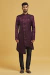 Buy_Aryavir Malhotra_Wine Sherwani Imp. Soft Jacquard Woven Paisley With Churidar _Online_at_Aza_Fashions