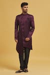 Shop_Aryavir Malhotra_Wine Sherwani Imp. Soft Jacquard Woven Paisley With Churidar _Online_at_Aza_Fashions