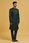 Shop_Aryavir Malhotra_Green Sherwani Imp. Soft Jacquard Woven Paisley Pattern With Churidar _Online_at_Aza_Fashions