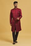 Buy_Aryavir Malhotra_Maroon Sherwani Imp. Soft Jacquard Woven Swirl Floral With Churidar _at_Aza_Fashions