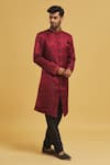 Aryavir Malhotra_Maroon Sherwani Imp. Soft Jacquard Woven Swirl Floral With Churidar _Online_at_Aza_Fashions