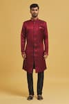 Buy_Aryavir Malhotra_Maroon Sherwani Imp. Soft Jacquard Woven Swirl Floral With Churidar _Online_at_Aza_Fashions