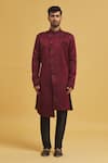 Aryavir Malhotra_Maroon Sherwani Imp. Soft Jacquard Embellished Geometric Stone With Churidar _Online_at_Aza_Fashions