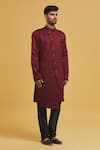 Buy_Aryavir Malhotra_Maroon Sherwani Imp. Soft Jacquard Embellished Geometric Stone With Churidar _Online_at_Aza_Fashions