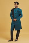 Buy_Arihant Rai Sinha_Blue Silk, Jacquard Embroidery Stone Embellished Drape Sherwani With Churidar _at_Aza_Fashions