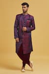 Buy_Aryavir Malhotra_Maroon Sherwani Imp. Soft Jacquard Floral Pattern With Velvet Dhoti Pant _at_Aza_Fashions