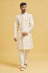 Buy_Aryavir Malhotra_Multi Color Sherwani Jaquard Chikankari Lucknawi Jaal Thread With Churidar_at_Aza_Fashions