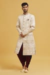 Buy_Aryavir Malhotra_Cream Sherwani Jaquard Chikankari Lucknawi Embroidered With Velvet Dhoti Pant _at_Aza_Fashions