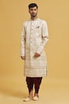 Aryavir Malhotra_Cream Sherwani Jaquard Chikankari Lucknawi Embroidered With Velvet Dhoti Pant _Online_at_Aza_Fashions