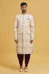 Buy_Aryavir Malhotra_Cream Sherwani Jaquard Chikankari Lucknawi Embroidered With Velvet Dhoti Pant _Online_at_Aza_Fashions