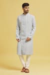 Arihant Rai Sinha_Blue Linen, Silk Mandarin Collar Kurta Set _Online_at_Aza_Fashions