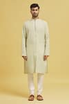 Buy_Arihant Rai Sinha_Yellow Kurta Linen Cotton Plain Mandarin Collar Solid Set _Online_at_Aza_Fashions