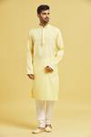 Arihant Rai Sinha_Yellow Kurta Soft Cotton Embroidery Stripe Pattern Set _Online_at_Aza_Fashions