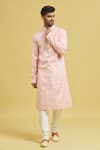 Arihant Rai Sinha_Pink Kurta Soft Cotton Embroidery Stripe Linear Pattern Set _Online_at_Aza_Fashions