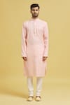 Buy_Arihant Rai Sinha_Pink Kurta Soft Cotton Embroidery Stripe Linear Pattern Set _Online_at_Aza_Fashions