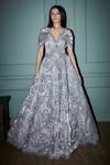 Buy_Jigar & Nikita_Grey Organza Sequins, Cut Work Open Neck Moon Rock Embroidered Gown_at_Aza_Fashions