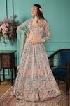 Buy_Jigar & Nikita_Green Lehenga Raw Silk And Velvet French Floral Motif Bridal Set  _at_Aza_Fashions