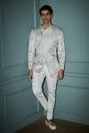 Buy_Jigar & Nikita_White Jersey, Rayon Embroidery Leaf Textured Jacket And Pant Set _at_Aza_Fashions