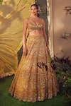 Buy_Aneesh Agarwaal_Gold Net Hand Embroidered Sequins Plunged Metallic Bridal Lehenga Set_at_Aza_Fashions