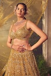 Aneesh Agarwaal_Gold Net Hand Embroidered Sequins Plunged Metallic Bridal Lehenga Set_Online_at_Aza_Fashions