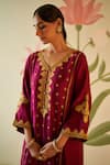 Angad Singh_Wine Silk Embroidered Zari Florals V Neck Choga Pant Set_at_Aza_Fashions