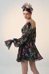 Dania Siddiqui_Black Chiffon Dobby Weave Print Floral Square Neck Ren Bloom Dress  _Online_at_Aza_Fashions