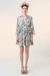 Buy_Dania Siddiqui_Green Chiffon Dobby Weave Print Floral V Neck Hana Dress _Online_at_Aza_Fashions
