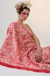 Dania Siddiqui_Red Satin Print Floral Asymmetric Neck Sora Kaftan _Online_at_Aza_Fashions