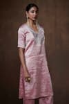 Shop_Dressfolk_Pink Tissue Metallic V Neck Straight Kurta Set  _Online_at_Aza_Fashions