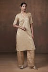 Buy_Dressfolk_Gold Tissue Metallic Stripe V Neck Straight Kurta Set  _Online_at_Aza_Fashions