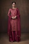 Buy_Dressfolk_Magenta Tissue Metallic Stripe Round Straight Kurta Set  _at_Aza_Fashions