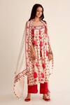 Buy_Roze_Red Chanderi, Organza Embroidery Round Neck Mehak Blossom Print Kurta Pant Set _at_Aza_Fashions