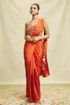 Buy_Alaya Advani_Orange Crepe Embroidered Floral Halter Plain Pre-draped Saree With Blouse _at_Aza_Fashions