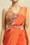 Alaya Advani_Orange Crepe Embroidered Floral Halter Plain Pre-draped Saree With Blouse _at_Aza_Fashions