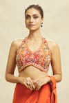 Buy_Alaya Advani_Orange Crepe Embroidered Floral Halter Plain Pre-draped Saree With Blouse 