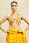 Shop_Alaya Advani_Yellow Crepe Embroidered Floral Halter Pre-draped Saree With Blouse_Online_at_Aza_Fashions