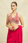 Shop_Alaya Advani_Pink Crepe Embroidered Floral Halter Pre-draped Saree With Work Blouse _at_Aza_Fashions