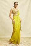 Shop_Alaya Advani_Green Crepe Embroidered Floral Halter Solid Pre-draped Saree With Blouse _Online_at_Aza_Fashions