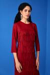 Pleats By Aruni Maroon Polyester Round Neck Layered Fringe Dress at Aza Fashions Pleats By Aruni_Maroon Polyester Round Neck Layered Fringe Dress_at_Aza_Fashions