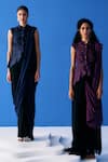 Pleats by Aruni_Black Chiffon Plain Dual Toned Pre-draped Saree _at_Aza_Fashions
