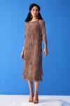 Buy_Pleats By Aruni_Brown Polyester Fringe Round Neck Layered Midi Dress_at_Aza_Fashions