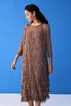 Shop_Pleats By Aruni_Brown Polyester Fringe Round Neck Layered Midi Dress_Online_at_Aza_Fashions