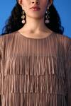 Pleats By Aruni_Brown Polyester Fringe Round Neck Layered Midi Dress_at_Aza_Fashions