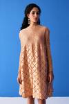 Buy_Pleats By Aruni_Gold Polyester Boat Neck Mermaid Skin Textured Midi Dress_Online_at_Aza_Fashions