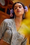 Shop_1999AD By Amita & Deepak_Grey Satin Embroidery Flora Garden Crop Collar Blouse With Draped Skirt_Online_at_Aza_Fashions