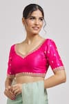 Nazaakat by Samara Singh_Pink Malbary Silks Embroidered Floral V Neck Blouse_Online_at_Aza_Fashions