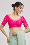 Buy_Nazaakat by Samara Singh_Pink Malbary Silks Embroidered Floral V Neck Blouse_Online_at_Aza_Fashions