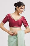Samyukta Singhania_Purple Silk Embroidery V-neck Floral Blouse _Online_at_Aza_Fashions